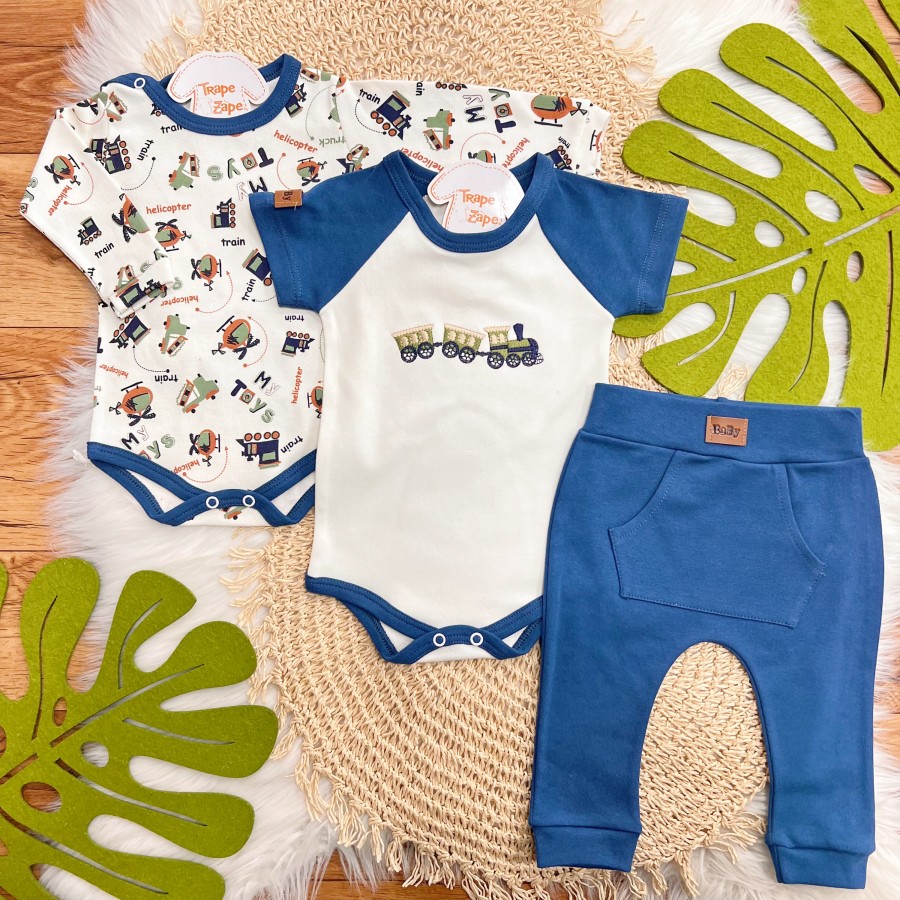 Conj. de Malha 3 peças - Trenzinho - Marinho e Off White